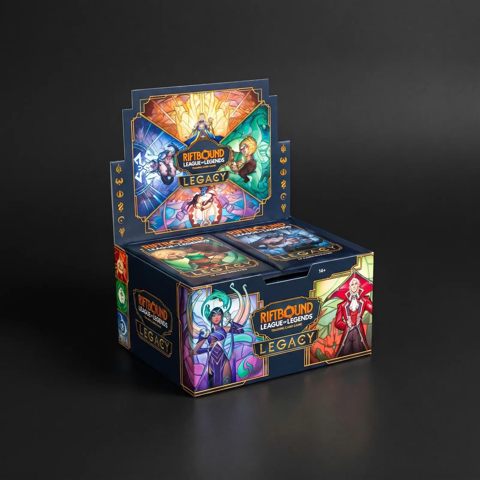 Riftbound Legacy Booster Box: the booster display with a 14-card pack