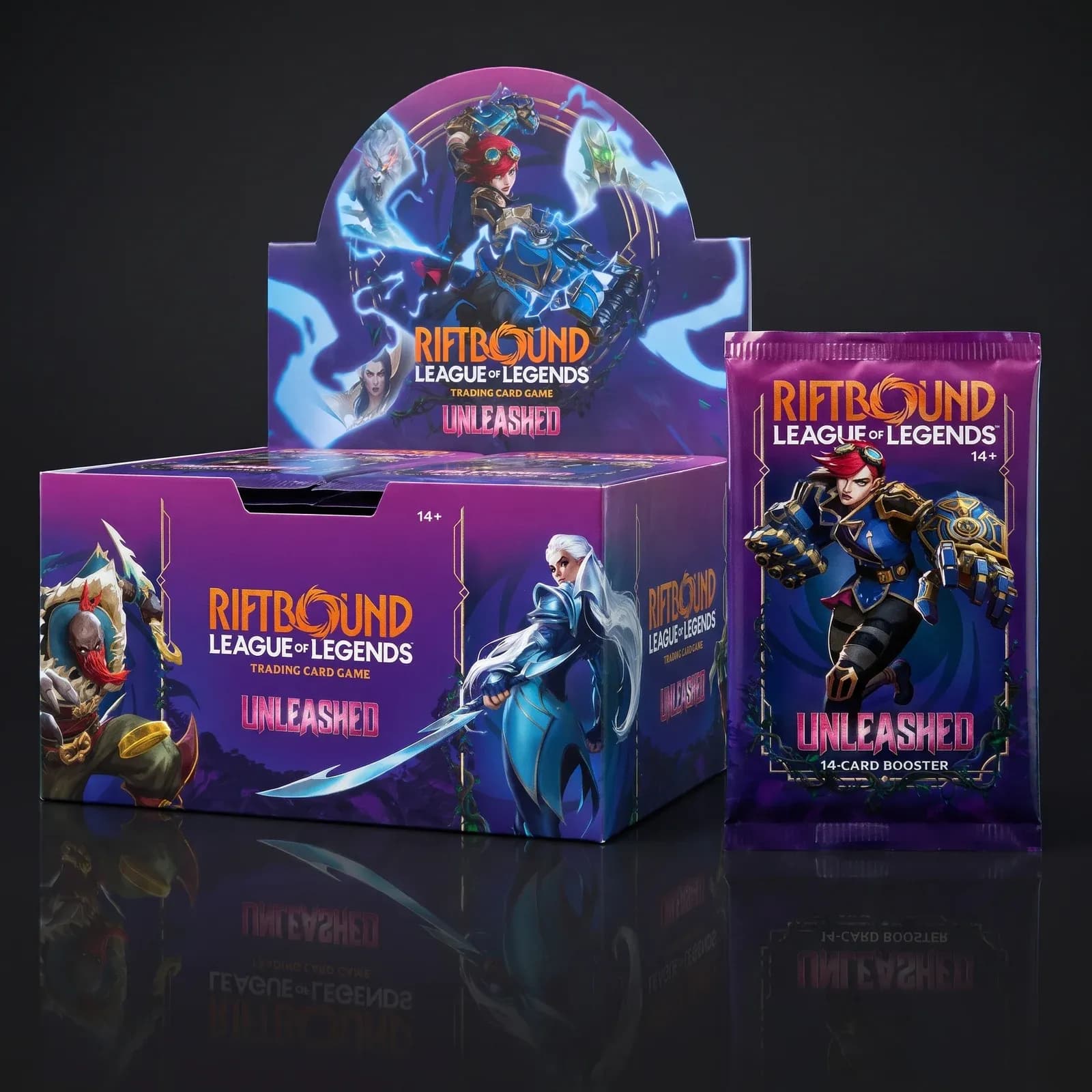 Riftbound Unleashed Booster Box: the booster display with a 14-card pack