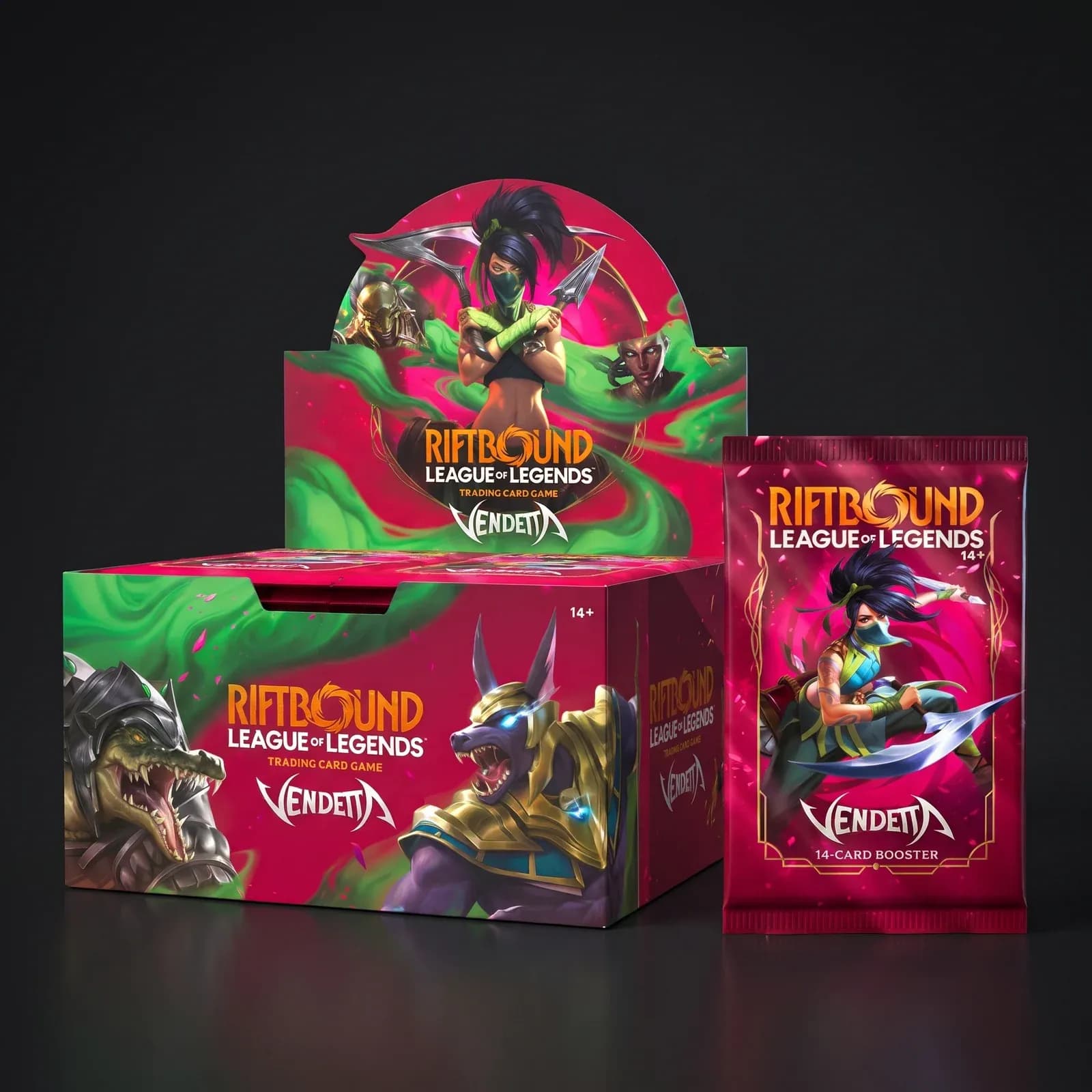Riftbound Vendetta Booster Box: the booster display with a 14-card pack