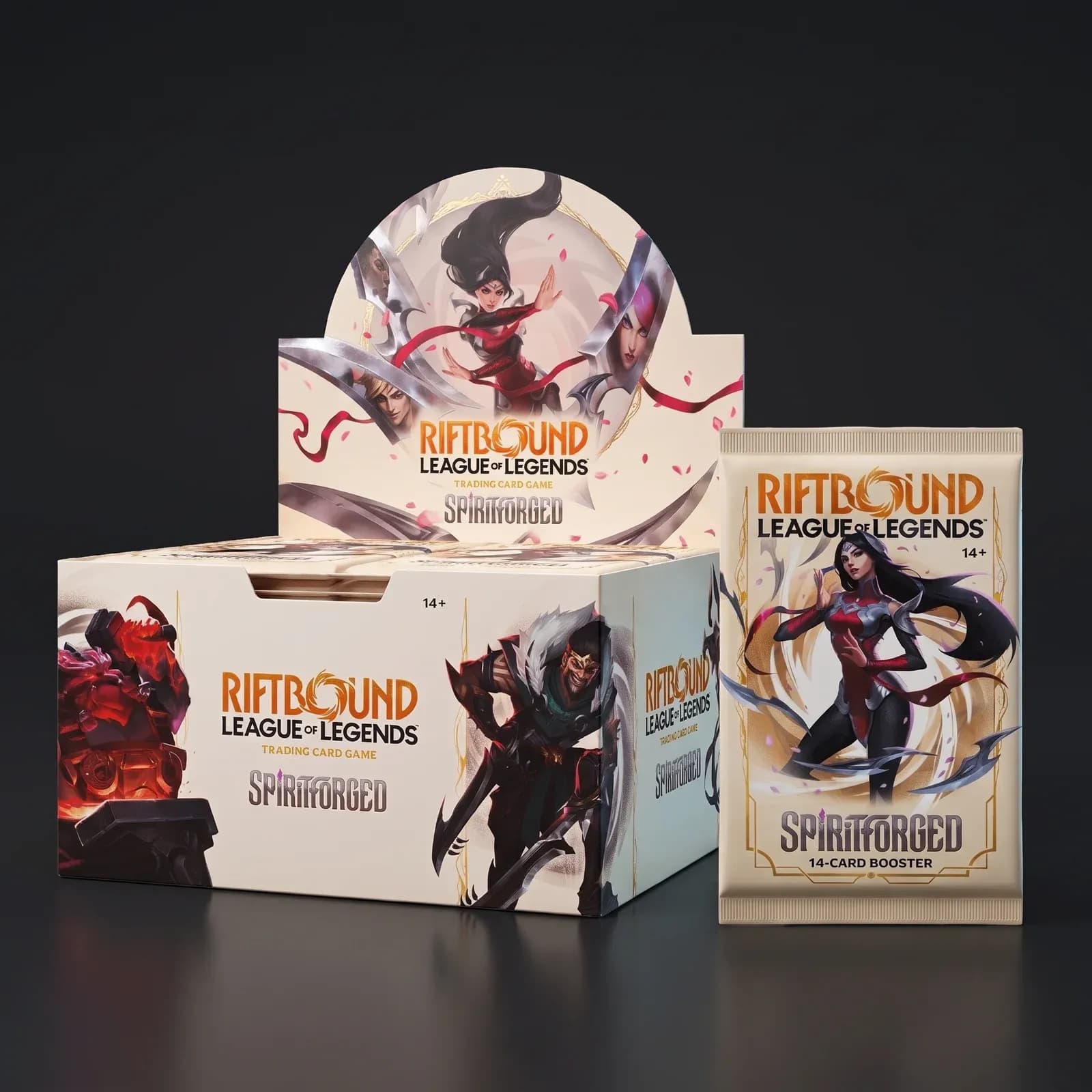 Riftbound Spiritforged Booster Box: the booster display with a 14-card pack
